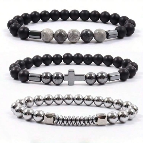 Cross Black and Silver Metal Beaded Bracelets, Set of 3 - Picture 2 of 5